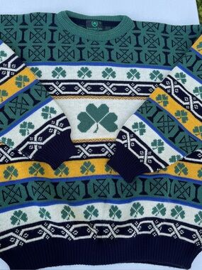 Vintage Emerald Isle Irish Shamrock Knit Sweater Size XL Made In Ireland